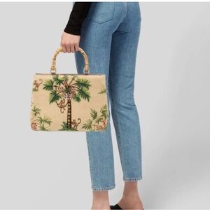 Tropical Print Women’s Bag with Bamboo Handles